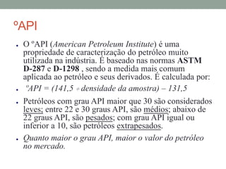 ºAPI
● O ºAPI (American Petroleum Institute) é uma
propriedade de caracterização do petróleo muito
utilizada na indústria. É baseado nas normas ASTM
D-287 e D-1298 , sendo a medida mais comum
aplicada ao petróleo e seus derivados. É calculada por:
● ºAPI = (141,5 ÷ densidade da amostra) – 131,5
● Petróleos com grau API maior que 30 são considerados
leves; entre 22 e 30 graus API, são médios; abaixo de
22 graus API, são pesados; com grau API igual ou
inferior a 10, são petróleos extrapesados.
● Quanto maior o grau API, maior o valor do petróleo
no mercado.
 