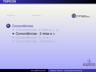 ´
TOPICOS




  1          ˆ
      Concordancias
               ˆ
        Concordancias- 2 retas e r1 , r2
               ˆ
        Concordancias - 2 retas e r1
               ˆ
        Concordancias: 2 s e r
               ˆ
        Concordancias - 2 pontos e r




                   eek.up@hotmail.com            ´               ¸˜       ´
                                        Desenho Tecnico - Construcoes Geometricas
 