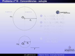 Problema no 19 - Concordancias - solucao
                        ˆ            ¸˜




      α1                                  1    β1 = {O1 , r1 + r };
                 O1
                           r1                  β2 = {O2 , r2 + r };
                                          2    β1 ∩ β2 = {M1 , M2 };
                                          3    O1 M1 ∩ α1 = {A1 }
                                               O1 M2 ∩ α1 = {A2 },
                                               O2 M1 ∩ α2 = {B1 },
                                               O2 M2 ∩ α2 = {B2 };
                                          4      {M1 , M1 A1 };
                                                 {M2 , M2 A2 }
            α2   O2 r2

                                  r

                   eek.up@hotmail.com            ´               ¸˜       ´
                                        Desenho Tecnico - Construcoes Geometricas
 