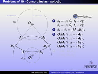 Problema no 19 - Concordancias - solucao
                        ˆ            ¸˜




      α1                                  1    β1 = {O1 , r1 + r };
                 O1
                                               β2 = {O2 , r2 + r };
                                          2    β1 ∩ β2 = {M1 , M2 };
                                          3    O1 M1 ∩ α1 = {A1 }
           A1                  A2              O1 M2 ∩ α1 = {A2 },
                                               O2 M1 ∩ α2 = {B1 },
    M1                           M2            O2 M2 ∩ α2 = {B2 };
            B1              B2
                                          4      {M1 , M1 A1 };
                                                 {M2 , M2 A2 }
            α2   O2



                   eek.up@hotmail.com            ´               ¸˜       ´
                                        Desenho Tecnico - Construcoes Geometricas
 