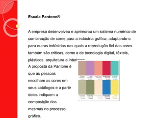 Escala Pantone®
A empresa desenvolveu e aprimorou um sistema numérico de
combinação de cores para a indústria gráfica, adaptando-o
para outras indústrias nas quais a reprodução fiel das cores
também são críticas, como a de tecnologia digital, têxteis,
plásticos, arquitetura e interiores.
A proposta da Pantone é
que as pessoas
escolham as cores em
seus catálogos e a partir
deles indiquem a
composição das
mesmas no processo
gráfico.
 