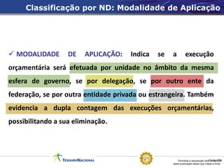 Classificação por ND: Modalidade de Aplicação




 MODALIDADE       DE   APLICAÇÃO:   Indica   se   a         execução
orçamentária será efetuada por unidade no âmbito da mesma
esfera de governo, se por delegação, se por outro ente da
federação, se por outra entidade privada ou estrangeira. Também
evidencia a dupla contagem das execuções orçamentárias,
possibilitando a sua eliminação.




                                                       Permitida a reprodução totalFonte: STN
                                                                                    ou parcial
                                                   desta publicação desde que citada a fonte.
 