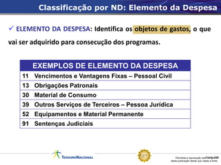 Classificação por ND: Elemento da Despesa

 ELEMENTO DA DESPESA: Identifica os objetos de gastos, o que
vai ser adquirido para consecução dos programas.


       EXEMPLOS DE ELEMENTO DA DESPESA
    11 Vencimentos e Vantagens Fixas – Pessoal Civil
    13 Obrigações Patronais
    30 Material de Consumo
    39 Outros Serviços de Terceiros – Pessoa Jurídica
    52 Equipamentos e Material Permanente
    91 Sentenças Judiciais




                                                        Permitida a reprodução totalFonte: STN
                                                                                     ou parcial
                                                    desta publicação desde que citada a fonte.
 