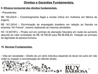 Direitos e Garantias Fundamentais.
9. Eficácia horizontal dos direitos fundamentais.
- Precedentes:
RE 160.222-8 – Constrangimento ilegal a revista íntima em mulheres em fábrica de
lingerie;
RE 161.243-6 – Dicriminação de empregado brasileiro em relação ao francês na
empresa “Air France”, mesmo realizando as mesmas atividades.
HC 12.547/STJ – Prisão civil em contrato de alienação fiduciária em razão de aumento
absurdo do valor contratado de R$ 18.700,00 para R$ 86.858,24. Violação ao princípio
da dignidade da pessoa humana.


10. Deveres Fundamentais.


- Vida em sociedade – Direito de um certo indivíduo depende do dever do outro em não
violar ou impedir a concretização do referido direito.



                                                                            13
 