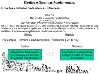 Direitos e Garantias Fundamentais.
3. Direitos x Garantias fundamentais – Diferenças.


                                            TÍTULO II
                                             TÍTULO II
                            Dos Direitos e GarantiasFundamentais
                              Dos Direitos e Garantias Fundamentais
                                           CAPÍTULOI I
                                           CAPÍTULO
                    DOS DIREITOS E DEVERES INDIVIDUAIS E COLETIVOS
                 DOS DIREITOS E DEVERES INDIVIDUAIS E COLETIVOS
Art. 5º Todos são iguais perante a lei, sem distinção de qualquer natureza, garantindo-se aos
Art. 5º Todos são iguais perante a lei, sem distinção de qualquer natureza,àgarantindo-
brasileiros e aos estrangeiros residentes no País a inviolabilidade do direito à vida, liberdade, à
se aos brasileiros e aospropriedade, nos termos seguintes: a inviolabilidade do direito à
igualdade, à segurança e à estrangeiros residentes no País
vida, à liberdade, à igualdade, à segurança e à propriedade, nos termos seguintes:
                        Gênero                                    Espécie

- Rui Barbosa – Primeiro a distinguir o tema – Analisando a CF de 1891.

                    Direitos                                            Garantias

         Disposições declaratórias:                           Disposições assecuratórias:
         Imprimem existência legal                            Limitam o poder em defesa
         aos direitos reconhecidos.                                   dos direitos.



                                                                                          6
 