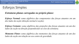 Esforços Simples
Universidade Federal do Rio Grande do Norte
CIV0412 – Análise Estrutural I
Prof.ª Andriele Nascimento de Souza
Estruturas planas carregadas no próprio plano:
Esforço Normal: soma algébrica das componentes das forças atuantes em um
dos lados da seção (direção normal à seção);
Esforço Cortante: soma algébrica das projeções das forças atuantes em um dos
lados da seção na direção perpendicular ao eixo da estrutura;
Momento Fletor: soma algébrica dos momentos das forças atuantes de um dos
lados da seção em relação ao seu centro de gravidade.
 