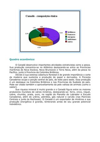 Quadro econômico:
O Canadá desenvolve importantes atividades extrativistas como a pesca.
Sua produção concentra-se no Atlântico destacando-se entre as Províncias
marítimas de Nova Escócia, Nova Brunswick e Terra Nova, além da pesca no
Pacífico, junto à Província da Colúmbia Britânica.
Devido à sua extensa cobertura florestal é de grande importância o corte
da madeira que sustenta a produção de papel e derivados. A Floresta
Canadense ocupa a porção central do país, de leste para oeste. Essa produção
é um destaque na Colúmbia Britânica e nas Províncias do Sudeste do país.
Pode ser citado também o aproveitamento da pele valiosa de animais (como o
castor).
Sua riqueza mineral é muito grande e o Canadá figura entre os maiores
produtores mundiais de vários minérios, destacando-se: ferro, zinco, níquel,
cobre, chumbo, prata, ouro, na região do Planalto do Labrador e Escudo
Canadense, além do urânio, petróleo, gás natural e carvão (nas Planícies
Centrais e junto às Rochosas). O Canadá é um exportador de minérios e sua
produção energética é grande, lembrando ainda de seu grande potencial
hidrelétrico.
 