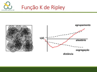 distância
L(d)
agrupamento
segregação
aleatório
Função K de Ripley
 