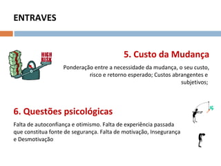 ENTRAVES
5. Custo da Mudança
Ponderação entre a necessidade da mudança, o seu custo,
risco e retorno esperado; Custos abrangentes e
subjetivos;
6. Questões psicológicas
Falta de autoconfiança e otimismo. Falta de experiência passada
que constitua fonte de segurança. Falta de motivação, Insegurança
e Desmotivação
 