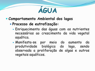 ÁGUAComportamento Ambiental dos lagosProcesso de eutrofização:Enriquecimento das águas com os nutrientes necessários ao crescimento da vida vegetal aquática.Manifesta-se por meio do aumento da produtividade biológica do lago, sendo observada a proliferação de algas e outros vegetais aquáticos.