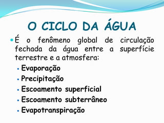 ÁGUAComportamento Ambiental dos lagosFormas de controle da eutrofização:Medidas preventivas:Fontes pontuais: Retirada de nutrientes por meio de tratamento terciário do esgoto doméstico; Tratamento de efluentes industriais.