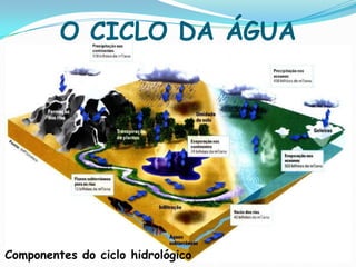 Fontes difusas: Redução de uso de fertilizantes agrícolas; recomposição de matas ciliares; e controle de drenagem urbana.ÁGUAComportamento Ambiental dos lagosFormas de controle da eutrofização:Medidas corretivas:Aeração da camada inferior dos lagos para manter o fósforo na sua forma insolúvel; precipitação química do fósforo; redução da biomassa vegetal; e redução do sedimento do fundo.O CICLO DA ÁGUAÉ o fenômeno global de circulação fechada da água entre a superfície terrestre e a atmosfera:Evaporação Precipitação Escoamento superficial Escoamento subterrâneoEvapotranspiração 