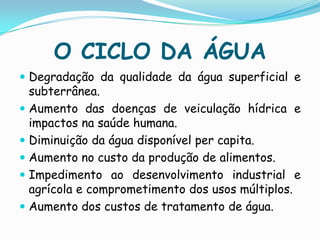 O CICLO DA ÁGUAEquação HidrológicaI - O = ΔS I = Todo o escoamento superficial por meio de canais e sobre a superfície do solo, o escoamento subterrâneo, e a precipitação sobre a superfície do solo; O = saídas de água do volume de controle, devido ao escoamento superficial, ao escoamento subterrâneo, à evaporação e à transpiração das plantas; e ΔS = variação no armazenamento nas várias formas de retenção, no volume de controle.