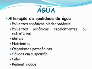 ÁGUAAlteração da qualidade da águaPoluentes orgânicos biodegradáveisPoluentes orgânicos recalcitrantes ou refratáriosMetaisNutrientesOrganismos patogênicosSólidos em suspensãoCalorRadioatividade