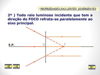 •PROPRIEDADES DAS LENTES DIVERGENTES
2ª ) Todo raio luminoso incidente que tem a
direção do FOCO refrata-se paralelamente ao
eixo principal.
FE.P. O
 