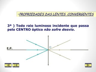 •PROPRIEDADES DAS LENTES CONVERGENTES
3ª ) Todo raio luminoso incidente que passa
pelo CENTRO óptico não sofre desvio.
OE.P.
 