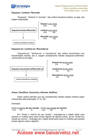 Língua Portuguesa para a Polícia Federal
Teoria e questões comentadas
Prof. Fabiano Sales – Aula 06
Esquecer / Lembrar / Recordar
“Esquecer”, “lembrar” e “recordar “ são verbos transitivos diretos, ou seja, não
exigem preposição.
Esqueci o teu nome.
VTD
OD
Esquecer/Lembrar/Recordar

Lembrei o teu nome.
VTD
OD
Recordei o teu nome.
VTD
OD

verbos transitivos diretos

Esquecer-se / Lembrar-se / Recordar-se
“Esquecer-se”, “lembrar-se” e “recordar-se” são verbos pronominais com
transitividade indireta, isto é, exigem complemento indireto (esquecer-se/lembrar-se/recordar-se de algo).
Esqueci-me do teu nome.
VTI
OI
Esquecer-se/Lembrar-se/Recordar-se

Lembrei-me do teu nome.
VTI
OI
Recordei-me do teu nome.
VTI
OI

verbos transitivos indiretos

Avisar, Cientificar, Comunicar, Informar, Notificar
Estes verbos admitem que seu complemento indireto (objeto indireto) sejam
introduzidos pela preposição “a” ou “de”.
Exemplos:
Avisei o menino de seu recado. / Avisei seu recado ao menino.
VTDI

OD

OI

VTDI

OD

OI

Em “Avisei o menino de seu recado.”, empregou-se o objeto direto para
pessoa e o indireto para coisa (avisar alguém de alguma coisa). Já em “Avisei seu
recado ao menino.”, empregou-se o objeto direto para coisa e o indireto para pessoa
(avisar alguma coisa a alguém).

Prof.Fabiano Sales

www.estrategiaconcursos.com.br

10 de 52

Acesse www.baixarveloz.net

 