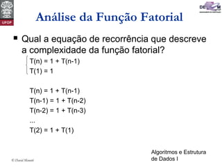 Algoritmos e Estrutura
de Dados I© David Menotti
Análise da Função Fatorial
 Qual a equação de recorrência que descreve
a complexidade da função fatorial?
T(n) = 1 + T(n-1)
T(1) = 1
T(n) = 1 + T(n-1)
T(n-1) = 1 + T(n-2)
T(n-2) = 1 + T(n-3)
...
T(2) = 1 + T(1)
 