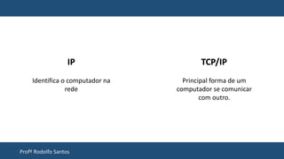 Profº Rodolfo Santos
TCP/IPIP
Identifica o computador na
rede
Principal forma de um
computador se comunicar
com outro.
 