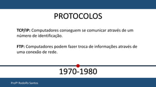 Profº Rodolfo Santos
1970-1980
PROTOCOLOS
TCP/IP: Computadores conseguem se comunicar através de um
número de identificação.
FTP: Computadores podem fazer troca de informações através de
uma conexão de rede.
 