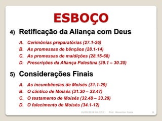 ESBOÇO
4) Retificação da Aliança com Deus
A. Cerimônias preparatórias (27.1-26)
B. As promessas de bênçãos (28.1-14)
C. As promessas de maldições (28.15-68)
D. Prescrições da Aliança Palestina (29.1 – 30.20)
5) Considerações Finais
A. As incumbências de Moisés (31.1-29)
B. O cântico de Moisés (31.30 – 32.47)
C. O testamento de Moisés (32.48 – 33.29)
D. O falecimento de Moisés (34.1-12)
16/09/2018 06:32:31 Prof. Weverton Costa 11
 