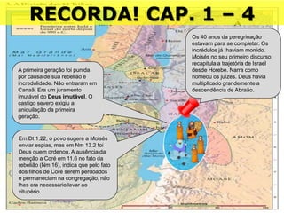 16/09/2018 06:32:31 Prof. Weverton Costa 17
RECORDA! CAP. 1 – 4
Os 40 anos da peregrinação
estavam para se completar. Os
incrédulos já haviam morrido.
Moisés no seu primeiro discurso
recapitula a trajetória de Israel
desde Horebe. Narra como
nomeou os juízes. Deus havia
multiplicado grandemente a
descendência de Abraão.
A primeira geração foi punida
por causa de sua rebelião e
incredulidade. Não entraram em
Canaã. Era um juramento
imutável do Deus imutável. O
castigo severo exigiu a
aniquilação da primeira
geração.
Em Dt 1.22, o povo sugere a Moisés
enviar espias, mas em Nm 13.2 foi
Deus quem ordenou. A ausência da
menção a Coré em 11.6 no fato da
rebelião (Nm 16), indica que pelo fato
dos filhos de Coré serem perdoados
e permaneciam na congregação, não
lhes era necessário levar ao
vitupério.
 