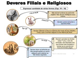 Deveres Filiais e Religiosos
Expressar santidade de várias formas (Cap. 14 – 16)
Deviam oferecer a Deus os dízimos dos frutos de seu trabalho.
Tudo o que o homem adquire é uma dádiva de Deus.
Não deviam praticar os costumes
pagãos. Não deviam desfigurar seus
corpos.
16/09/2018 06:32 Prof. Pr. Weverton Costa 23
Deviam comer somente o
que era limpo.
Deviam cancelar as dívidas
cada 7º ano, o ano da
remissão. Dar liberdade aos
que tinham sido forçados a
vender-se ou serviço em
troca de dívidas pagas.
Deviam fazer anualmente as
três peregrinações ao centro
religioso para celebrar as
três festas sagradas.
 