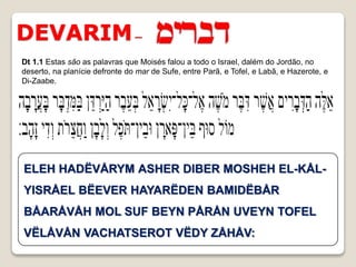 DEVARIM–
ELEH HADËVÅRYM ASHER DIBER MOSHEH EL-KÅL-
YISRÅEL BËEVER HAYARËDEN BAMIDËBÅR
BÅARÅVÅH MOL SUF BEYN PÅRÅN UVEYN TOFEL
VËLÅVÅN VACHATSEROT VËDY ZÅHÅV:
Dt 1.1 Estas são as palavras que Moisés falou a todo o Israel, dalém do Jordão, no
deserto, na planície defronte do mar de Sufe, entre Parã, e Tofel, e Labã, e Hazerote, e
Di-Zaabe.
 