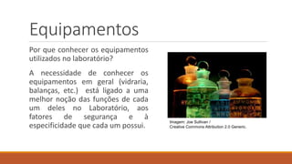 Equipamentos
Por que conhecer os equipamentos
utilizados no laboratório?
A necessidade de conhecer os
equipamentos em geral (vidraria,
balanças, etc.) está ligado a uma
melhor noção das funções de cada
um deles no Laboratório, aos
fatores de segurança e à
especificidade que cada um possui.
Imagem: Joe Sullivan /
Creative Commons Attribution 2.0 Generic.
 