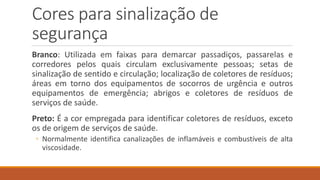 Cores para sinalização de
segurança
Branco: Utilizada em faixas para demarcar passadiços, passarelas e
corredores pelos quais circulam exclusivamente pessoas; setas de
sinalização de sentido e circulação; localização de coletores de resíduos;
áreas em torno dos equipamentos de socorros de urgência e outros
equipamentos de emergência; abrigos e coletores de resíduos de
serviços de saúde.
Preto: É a cor empregada para identificar coletores de resíduos, exceto
os de origem de serviços de saúde.
◦ Normalmente identifica canalizações de inflamáveis e combustíveis de alta
viscosidade.
 