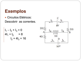 Exemplos
 Circuitos Elétricos:
Descobrir as correntes.
I1  I2 + I3 = 0
4I1 + I2 = 8
I2 + 4I3 = 16
 