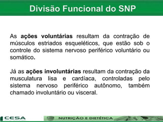 As ações voluntárias resultam da contração de
músculos estriados esqueléticos, que estão sob o
controle do sistema nervoso periférico voluntário ou
somático.
Já as ações involuntárias resultam da contração da
musculatura lisa e cardíaca, controladas pelo
sistema nervoso periférico autônomo, também
chamado involuntário ou visceral.
 