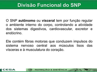 O SNP autônomo ou visceral tem por função regular
o ambiente interno do corpo, controlando a atividade
dos sistemas digestivos, cardiovascular, excretor e
endócrino.
Ele contém fibras motoras que conduzem impulsos do
sistema nervoso central aos músculos lisos das
vísceras e à musculatura do coração.
 