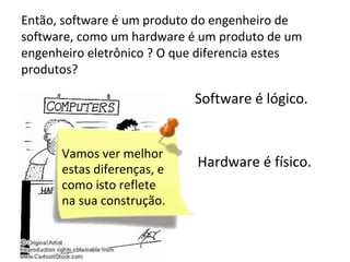 Então, software é um produto do engenheiro de
software, como um hardware é um produto de um
engenheiro eletrônico ? O que diferencia estes
produtos?

Software é lógico.

Vamos ver melhor
estas diferenças, e
como isto reflete
na sua construção.

Hardware é físico.

 