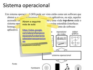 Sistema operacional
Um sistema operacional (SO) pode ser visto então como um software que
abstrai o acesso aos recursos por softwares aplicativos, ou seja, aqueles
acessados diretamenteapelo usuário. Esta é uma visão top-down onde o
Abram seguinte
sistema operacionaldevisto como uma maquina estendida (interfaces
nota é aula:
homogêneas e simplificadas) para o desenvolvimento de software
aplicativo.
Porém, existe uma visão
https://sites.google.
alternativa, bottom-up, onde
com/site/profsergioco o
sistema operacional é um
sta/posts/fundamento
software responsável por
gerenciar todas as partes de
sdesistemasoperacion
um
aissistema complexo,

incluindo, hardware, software e
peopleware (usuários).

Fonte:

 