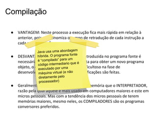 Compilação
●

●

●

VANTAGEM: Neste processo a execução fica mais rápida em relação à
anterior, pois se economiza o tempo de retradução de cada instrução a
cada nova execução.
m
Java usa uma abordage
e
híbrid A cada rama font
DESVANTAGEM:a. O progmodificação introduzida no programa fonte é
é “compilado” para umcompleta para obter um novo programa
necessária uma novarmediario que é
tradução
código inte
objeto, o que ecutado por uma mais dificultoso na fase de
torna o processo
ex
desenvolvimento, quando muitas modificações são feitas.
máquina virtual (e não
diretamente pelo
processador)

Geralmente o COMPILADOR exige mais memória que o INTERPRETADOR,
razão pela qual aquele é mais usado em computadores maiores e este em
micros pessoais. Mas com a tendência dos micros pessoais de terem
memórias maiores, mesmo neles, os COMPILADORES são os programas
conversores preferidos.

 