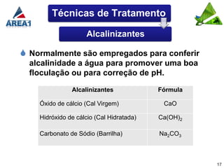 Técnicas de Tratamento

                    Alcalinizantes

 Normalmente são empregados para conferir
  alcalinidade a água para promover uma boa
  floculação ou para correção de pH.

               Alcalinizantes             Fórmula

    Óxido de cálcio (Cal Virgem)           CaO

    Hidróxido de cálcio (Cal Hidratada)   Ca(OH)2

    Carbonato de Sódio (Barrilha)         Na2CO3



                                                    17
 
