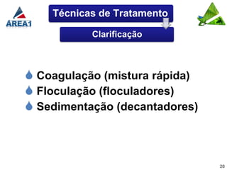 Técnicas de Tratamento

           Clarificação



 Coagulação (mistura rápida)
 Floculação (floculadores)
 Sedimentação (decantadores)



                                20
 