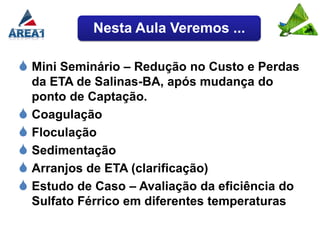 Nesta Aula Veremos ...

 Mini Seminário – Redução no Custo e Perdas
  da ETA de Salinas-BA, após mudança do
  ponto de Captação.
 Coagulação
 Floculação
 Sedimentação
 Arranjos de ETA (clarificação)
 Estudo de Caso – Avaliação da eficiência do
  Sulfato Férrico em diferentes temperaturas
 