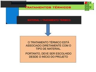 28
Tecnologia dos Materiais
Aços para Construção Mecânica
Tratamentos térmicos
MATERIAL + TRATAMENTO TÉRMICO
O TRATAMENTO TÉRMICO ESTÁ
ASSOCIADO DIRETAMENTE COM O
TIPO DE MATERIAL.
PORTANTO, DEVE SER ESCOLHIDO
DESDE O INÍCIO DO PROJETO
 