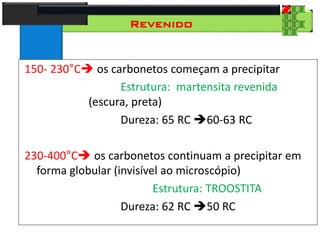 28
Tecnologia dos Materiais
Aços para Construção Mecânica
Revenido
150- 230°C os carbonetos começam a precipitar
Estrutura: martensita revenida
(escura, preta)
Dureza: 65 RC 60-63 RC
230-400°C os carbonetos continuam a precipitar em
forma globular (invisível ao microscópio)
Estrutura: TROOSTITA
Dureza: 62 RC 50 RC
 