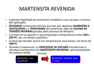 MARTENSITA REVENIDA
• A grande fragilidade da martensita inviabiliza o seu uso para a maioria
das aplicações.
• REVENIDO: tratamento térmico que tem por objetivos AUMENTAR A
DUCTILIDADE e a TENACIDADE da martensita, além de ALIVIAR AS
TENSÕES INTERNAS geradas pelo processo de têmpera.
• Consiste em se aquecer o aço temperado a temperaturas entre 250 e
650 ºC, por um tempo específico.
• O alívio das tensões ocorre em temperaturas mais baixas, em torno de
200 ºC.
• Durante o tratamento, os PROCESSOS DE DIFUSÃO transformam a
estrutura martensítica em MARTENSITA REVENIDA, pela precipitação
do carbono retido.
Materiais para Construção Mecânica
Transformações de Fases em Metais
Martensita (TCC,
monofásica)
Martensita (TCC,
monofásica)
Martensita revenida (fases
 + Fe3C)
Martensita revenida (fases
 + Fe3C)
REVENIDO
 