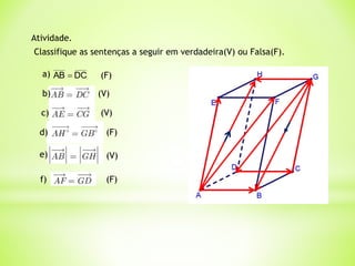 Atividade.
Classifique as sentenças a seguir em verdadeira(V) ou Falsa(F).
a) DC
AB 
b)
c)
d)
e)
f)
(V)
(F)
(V)
(F)
(V)
(F)
 