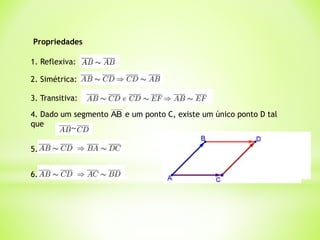 Propriedades
1. Reflexiva:
2. Simétrica:
4. Dado um segmento e um ponto C, existe um único ponto D tal
que
AB
5.
6.
3. Transitiva:
 