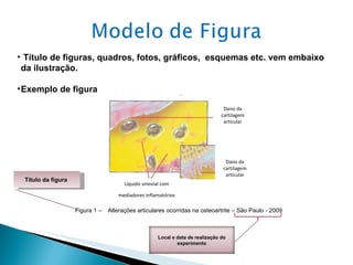 Figura 1 –  Alterações articulares ocorridas na osteoartrite – São Paulo - 2009 Título de figuras, quadros, fotos, gráficos,  esquemas etc. vem embaixo  da ilustração. Exemplo de figura Título da figura  Dano da cartilagem articular Dano da cartilagem articular Líquido sinovial com mediadores inflamatórios Local e data de realização do experimento 