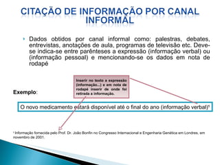 Dados obtidos por canal informal como: palestras, debates, entrevistas, anotações de aula, programas de televisão etc. Deve-se indica-se entre parênteses a expressão (informação verbal) ou (informação pessoal) e mencionando-se os dados em nota de rodapé   Exemplo : O novo medicamento estará disponível até o final do ano (informação verbal) 1 1  Informação fornecida pelo Prof. Dr. João Bonfin no Congresso Internacional e Engenharia Genética em Londres, em novembro de 2001.  Inserir no texto a expressão (informação...) e em nota de rodapé inserir de onde foi retirada a informação. 