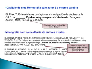 Capítulo de uma Monografia cujo autor é o mesmo da obra BLAHA, T. Enfermidades contagiosas sin obligación de declarar a la O.I.E. In: ______.  Epidemiologia especial veterinaria .  Zaragoza: Acribia, 1995. cap. 6, p. 411-508. Usar seis traços no local do nome do autor Monografia com coincidência de autores e datas KLEMENT, P.; DEL NIDO, P. J.; MICKLEBOROUGH, L.; MACKAY, C. KLEMENTT, G.; WILSON, G. J. Technique and postoperative management for successful cardiopulmonary bypass and open-heart surgery in dogs.  Journal of America Veterinary Medical Association , v. 190, n. 7, p. 869-874, 1987 a .   KLEMENT, P.; FEINDEL, C. M.; SCULLY, H. E.; MESHER, E.; KLEMENTT, G.; DEL NIDO, P. J.; WILSON, G. J. Mitral Valve Replacement in Dogs Surgical Technique and Postoperative Management.  Veterinary Surgery , v. 16, n. 3, p. 231-237, 1987 b . utiliza-se vogais em minúsculas após o ano para diferenciação uma referência da outra 