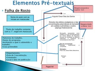 Folha de Rosto Augusto Cesar Dias dos Santos Estudos dos efeitos analgésicos e das concentrações plasmáticas do tramadol em cadelas submetidas a ovário-salpingo-histerectomia Monografia apresentada como trabalho do Curso de Especialização em Clínica Médica de Pequenos Animais da Faculdade de Medicina Veterinária e Zootecnia da Universidade de São Paulo. Área de concentração: Patologia Experimental e Comparada Orientador: Profa. Dra. Eliana Reiko Matushima São Paulo 2009 3 cm 2 cm 3 cm 2 cm Nome do autor com as iniciais em maiúsculas Título do trabalho somente com a 1ª. vogal em maiúscula Papel A4 