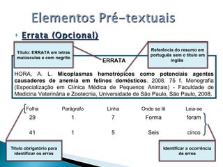 Errata (Opcional) ERRATA HORA, A. L.  Micoplasmas hemotrópicos como potenciais agentes causadores de anemia em felinos domésticos . 2008. 75 f. Monografia (Especialização em Clínica Médica de Pequenos Animais) - Faculdade de Medicina Veterinária e Zootecnia, Universidade de São Paulo, São Paulo, 2008. Folha Parágrafo Linha Onde se lê Leia-se 29 1 7 Forma foram 41 1 5 Seis cinco Referência do resumo em português sem o título em inglês  Título: ERRATA em letras maiúsculas e com negrito Título obrigatório para identificar os erros Identificar a ocorrência de erros 