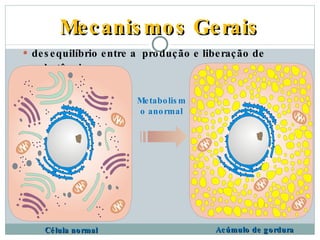 Mecanismos Gerais desequilíbrio entre a  produção e liberação de substâncias Célula normal Metabolismo anormal Acúmulo de gordura 